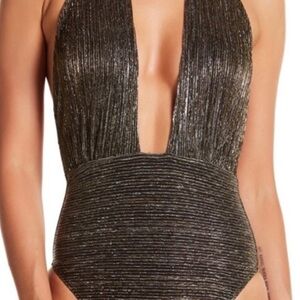 LA BLANCA Metallic One Piece Swimsuit Gold Shiny Halter Bandeau Size M